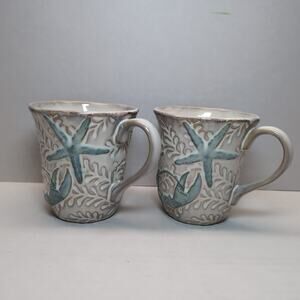 Set of 2 Cracker Barrel Mugs 3D Seahorse Seashell Starfish Lobster Beach Ocean